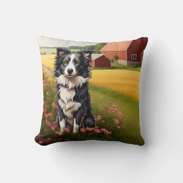 Border Collie on Farm Throw Pillow (Front)