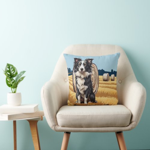Border Collie on Farm Throw Pillow