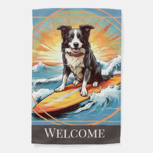 Border Collie on Surfboard Garden Flag