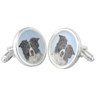 Border Collie Painting - Cute Original Dog Art Cufflinks