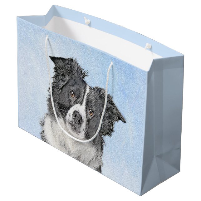Border Collie Painting - Cute Original Dog Art Large Gift Bag (Back Angled)