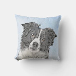 Border Collie Painting - Cute Original Dog Art Outdoor Pillow