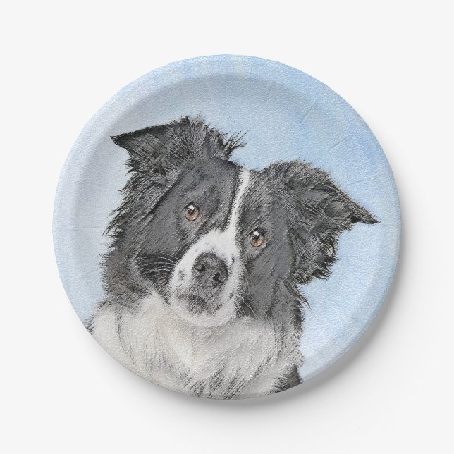 Border Collie Painting - Cute Original Dog Art Paper Plates (Front)