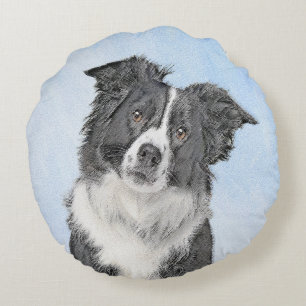 Border Collie Painting - Cute Original Dog Art Round Pillow