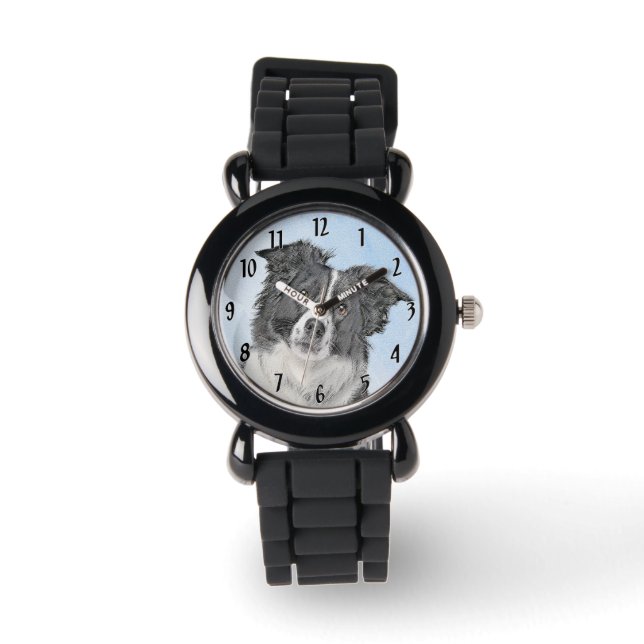 Border Collie Painting - Cute Original Dog Art Watch (Front)