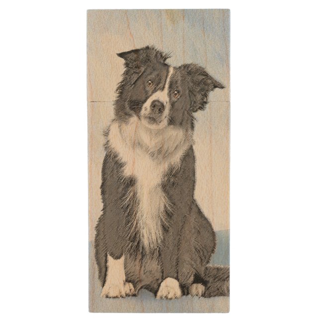 Border Collie Painting - Cute Original Dog Art Wood Flash Drive (Front Vertical)