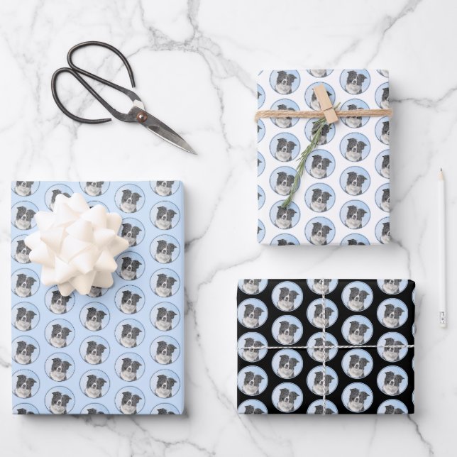 Border Collie Painting - Cute Original Dog Art Wrapping Paper Sheets (Front)
