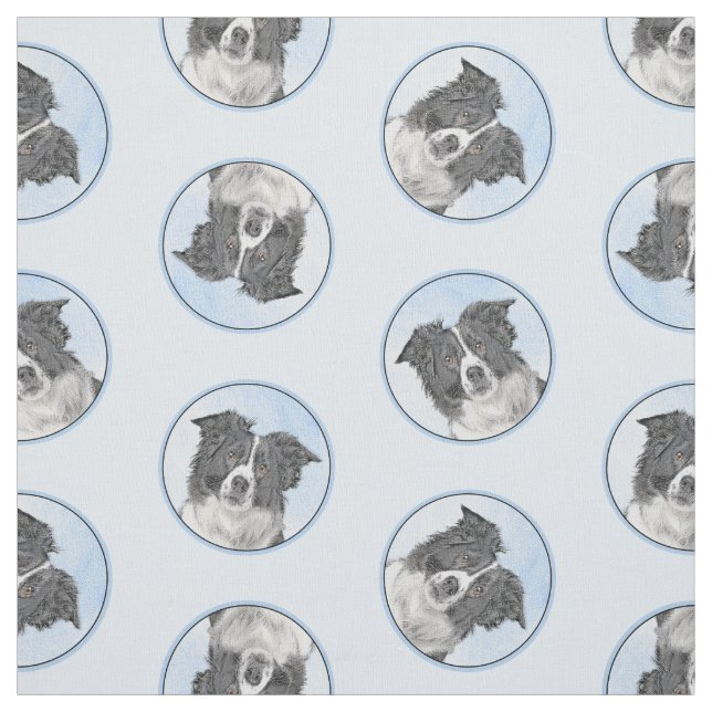 Border Collie Painting Rough Black & White Dog Art Fabric (Swatch)
