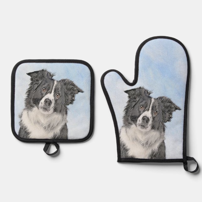 Border Collie Painting Rough Black & White Dog Art Oven Mitt & Pot Holder Set (Front)