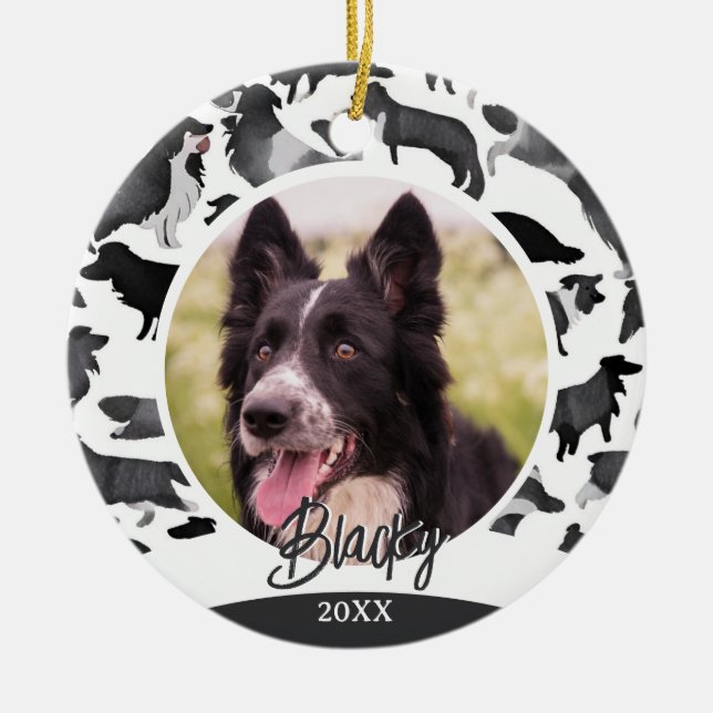 Border Collie Pattern Dog Name Photo Christmas  Ceramic Ornament (Front)