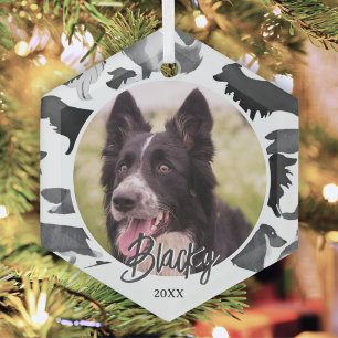 Border Collie Pattern Dog Name Photo Christmas Glass Ornament