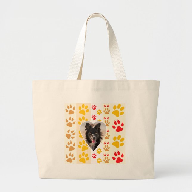 Border Collie Paw Print Love Heart Large Tote Bag (Front)