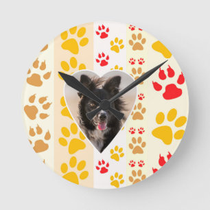 Border Collie Paw Print Love Heart Round Clock