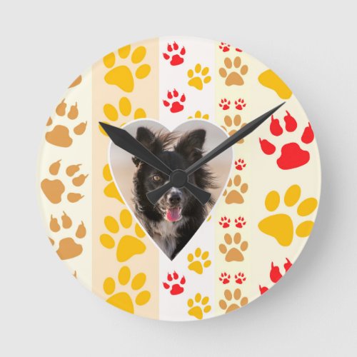 Border Collie Paw Print Love Heart Round Clock