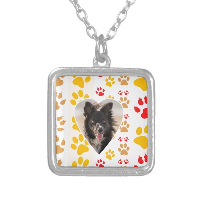Border Collie Paw Print Love Heart Silver Plated Necklace (Front)