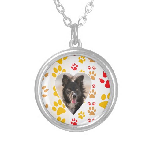 Border Collie Paw Print Love Heart Silver Plated Necklace