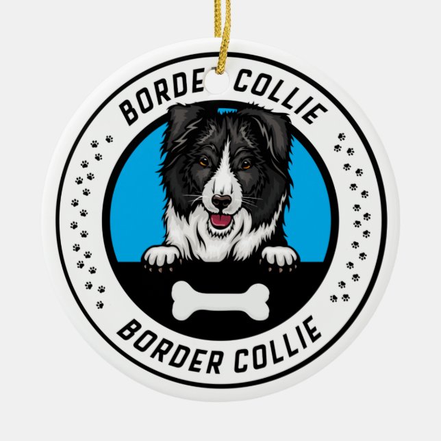 Border Collie Peeking Illustration Badge Ceramic Ornament (Front)