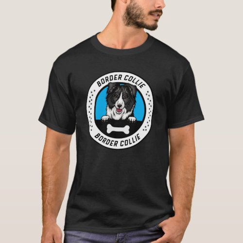 Border Collie Peeking Illustration Badge T_Shirt