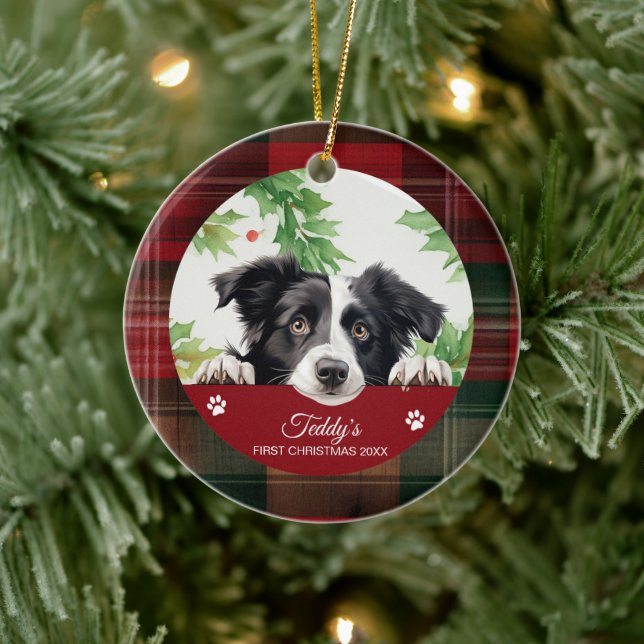 Border Collie Personalized First Christmas Ceramic Ornament (Tree)