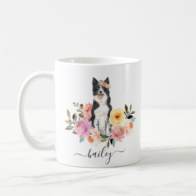 Border Collie Personalized Floral  Coffee Mug (Left)