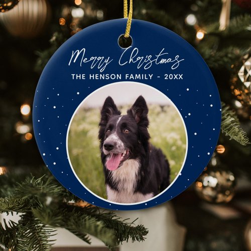 Border Collie Photo Family Merry Christmas Blue Ceramic Ornament