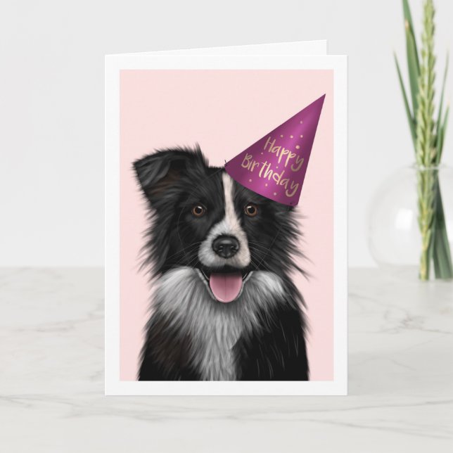 Border Collie Pink Birthday Greeting Card (Front)