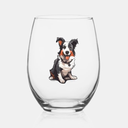 Border Collie Playful Pups _ Funny Cartoon  Stemless Wine Glass