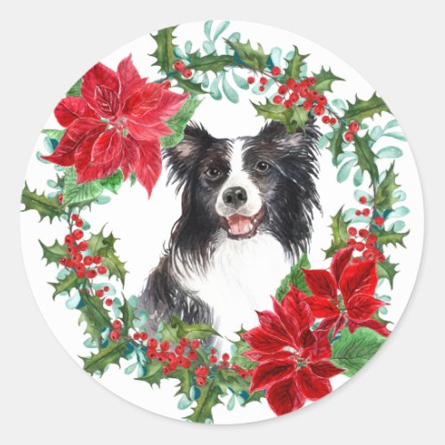 Border Collie Poinsettia Holly Holiday Wreath Classic Round Sticker