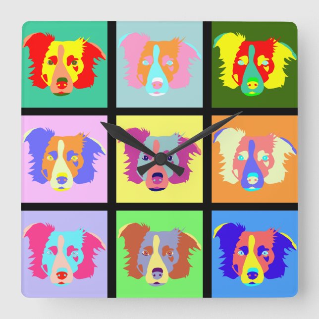 Border Collie Pop Art Square Wall Clock (Front)