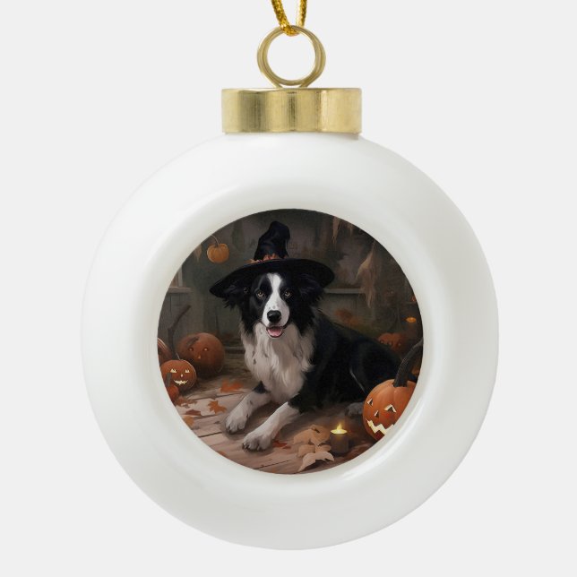 Border Collie Pumpkins Halloween Scary  Ceramic Ball Christmas Ornament (Front)