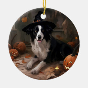 Border Collie Pumpkins Halloween Scary Ceramic Ornament