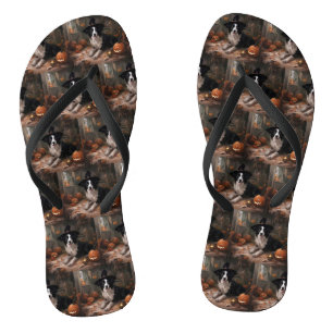 Border Collie Pumpkins Halloween Scary  Flip Flops