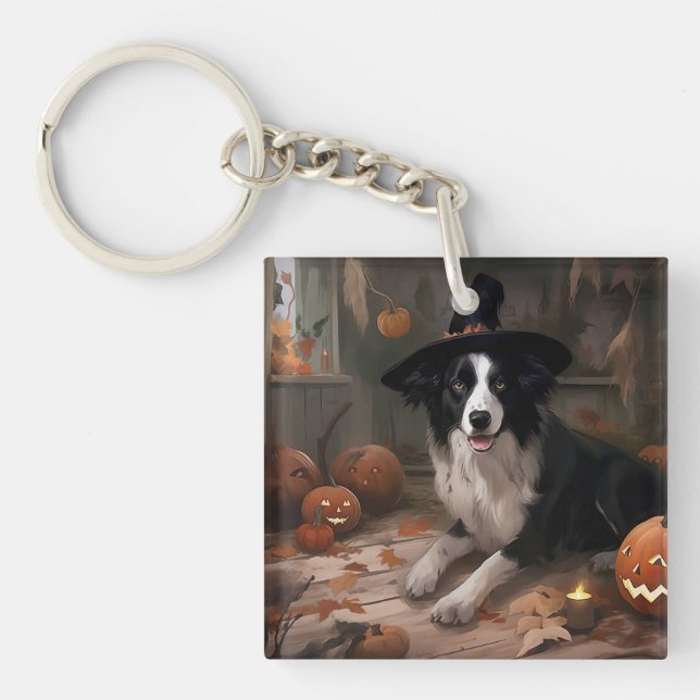 Border Collie Pumpkins Halloween Scary  Keychain (Front)