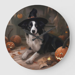 Border Collie Pumpkins Halloween Scary Large Clock