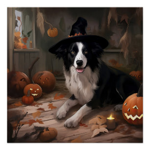 Border Collie Pumpkins Halloween Scary Poster