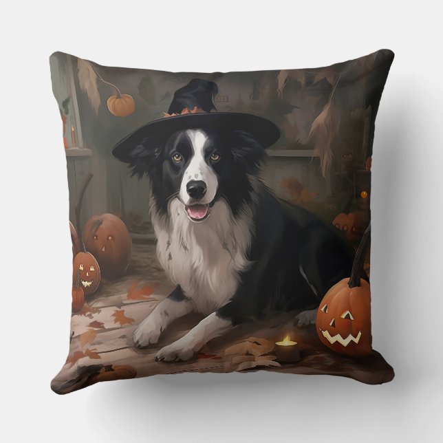 Border Collie Pumpkins Halloween Scary  Throw Pillow (Back)