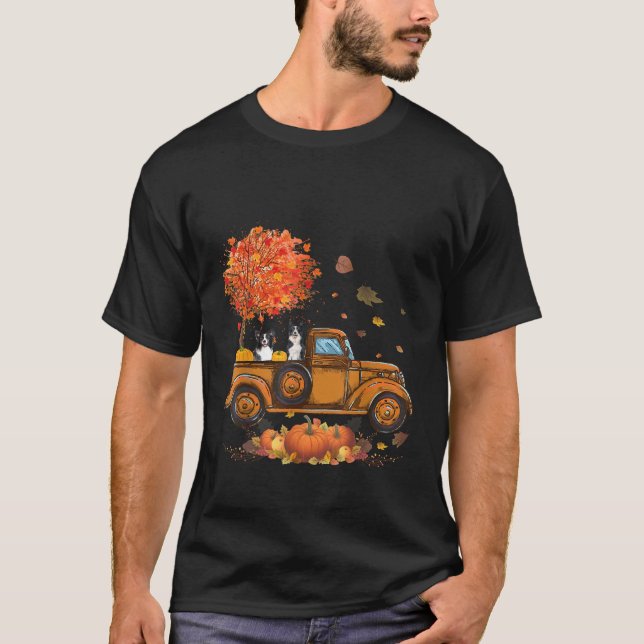 Border Collie Pumpkins Truck Autumn Leaf Fall than T-Shirt (Front)