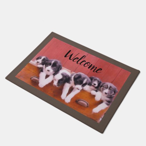 Border Collie Puppies In Drawer Painting Welcome Doormat