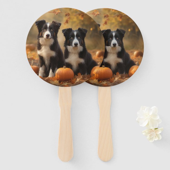 Border Collie Puppy Autumn Delight Pumpkin Hand Fan (Front and Back)