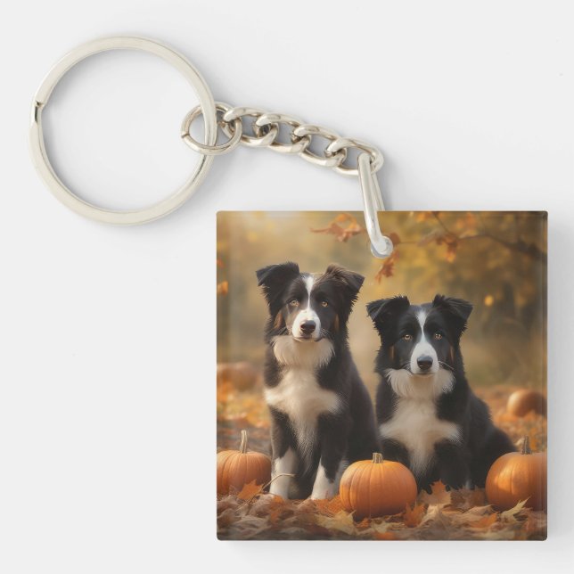 Border Collie Puppy Autumn Delight Pumpkin Keychain (Front)