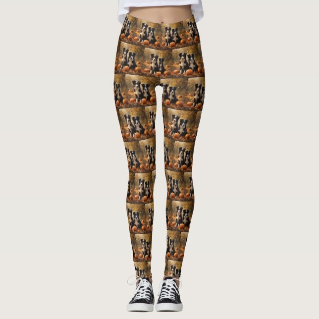 Border Collie Puppy Autumn Delight Pumpkin Leggings (Front)