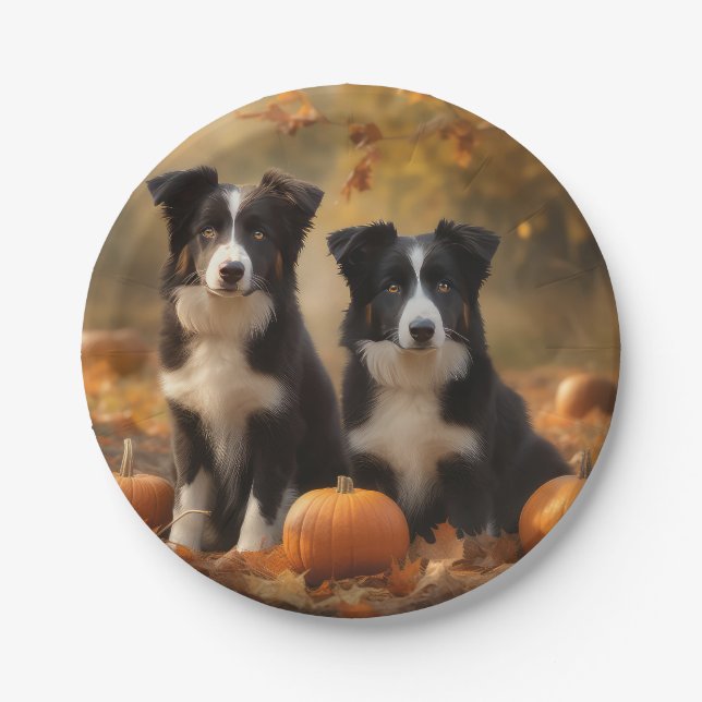 Border Collie Puppy Autumn Delight Pumpkin Paper Plates (Front)