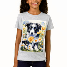 Border Collie Puppy Daisy Flower Girls T Shirt