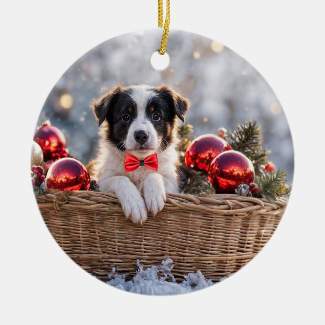 Border Collie Puppy Dog Christmas Holiday Ceramic Ornament (Front)