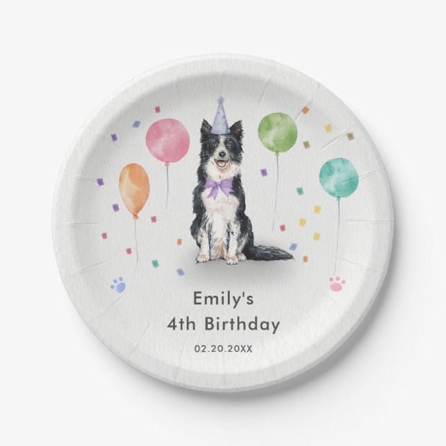 Border Collie Puppy Dog Kids Birthday Party Paper Plates (Front)