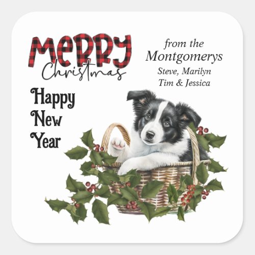 Border Collie Puppy Holly Basket Christmas Square Sticker