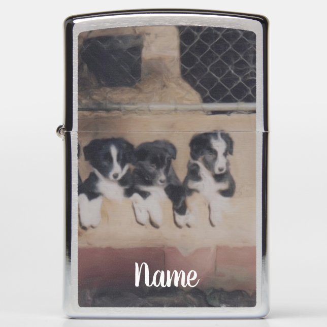 Border Collie Puppy Litter Painting Personalized Zippo Lighter (Front)