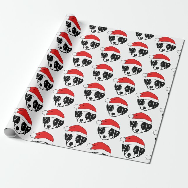 Border Collie Puppy Santa Hat Wrapping Paper (Unrolled)