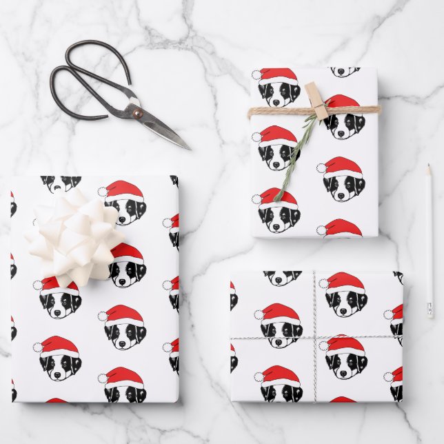 Border Collie Puppy Santa Hat Wrapping Paper Sheets (Front)