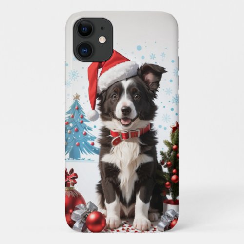 border collie puppy wearing a red Christmas hat iPhone 11 Case